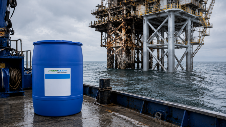 Blaues 200-Liter-Fass auf dem Deck eines Offshore-Service-Vessels vor einer Plattform-Struktur in der Nordsee