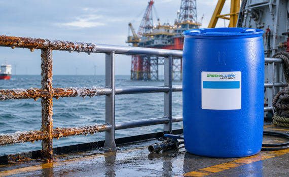 Blaues 200-Liter-Fass mit Green4Clean-Label auf einem Schiffsdeck vor einer Stahlstruktur mit halb gereinigter, halb von Salz und Rost angegriffener Oberfläche